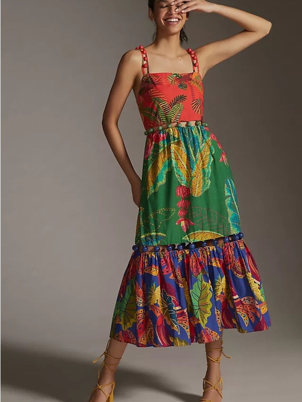 NWT Farm Rio Mixed-Print Tiered Beaded Maxi Dress SMALL